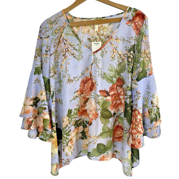 Chenault Blouse Top Light Blue Romantic Rose Floral Bell Sleeve Cottage Large - Picture 3 of 12